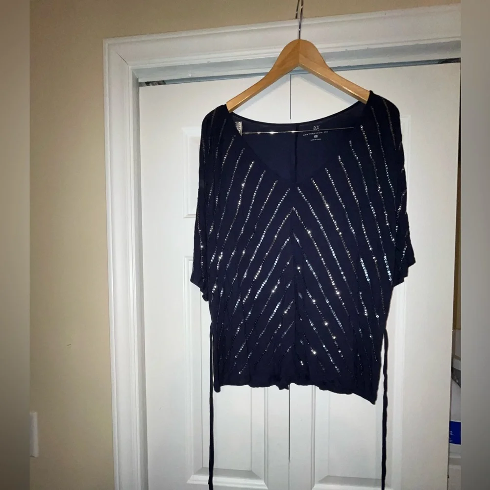 VGUC New York & Company Sequined Blouse - Navy - XL